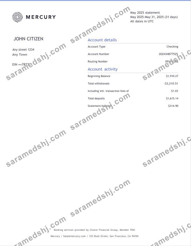 USA CA San Francisco Mercury bank statement 3 page